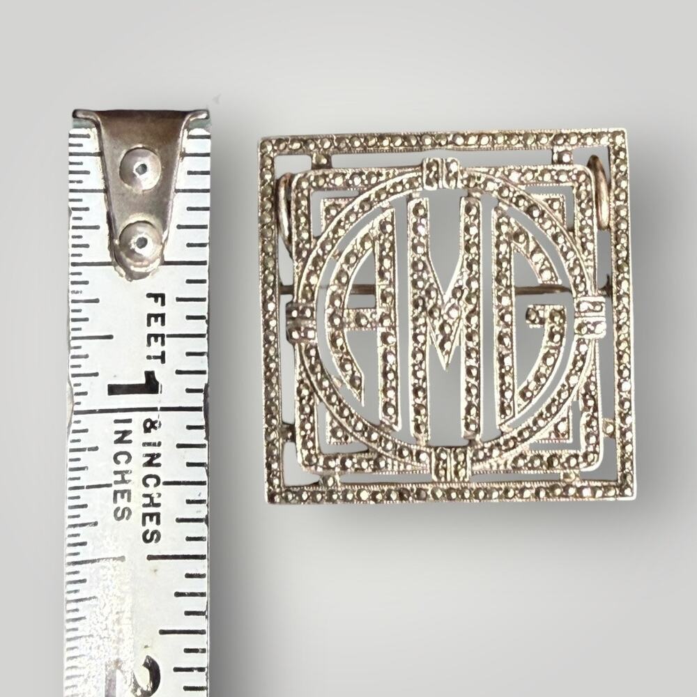 Vintage Art Deco Sterling Silver Marcasite AMG Monogram Brooch Pendant – 10.2g - Picture 6 of 7